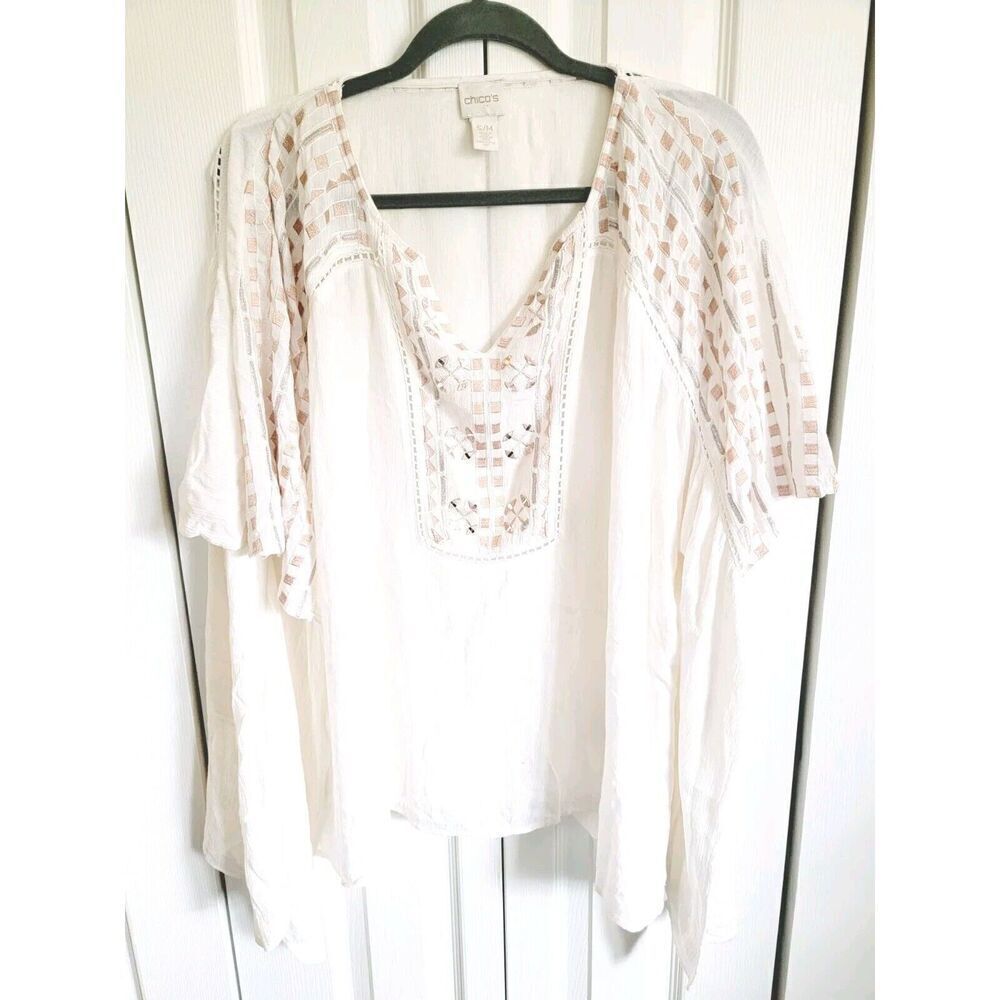 Chico's S/M Embroidered Poncho Top Boho Flowy Cream Size 8-10 Beaded - Picture 1 of 10
